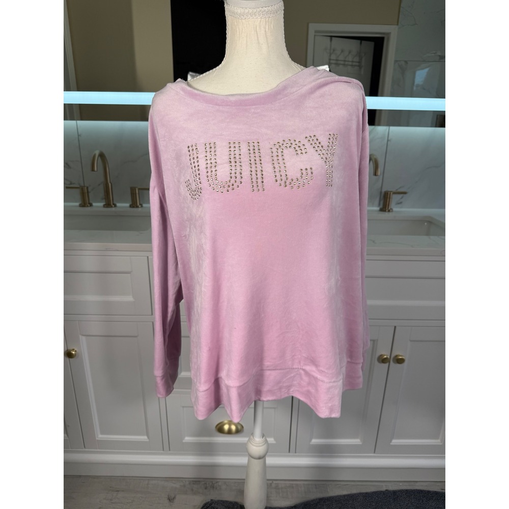 Juicy Couture Velour Sweatshirt Womens 1X Pink Rhinestone Logo Top - Picture 8 of 16